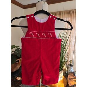 PETIT BEBE - Red Corduroy Candy Cane Smocked Christmas Holiday Baby Romper 9M